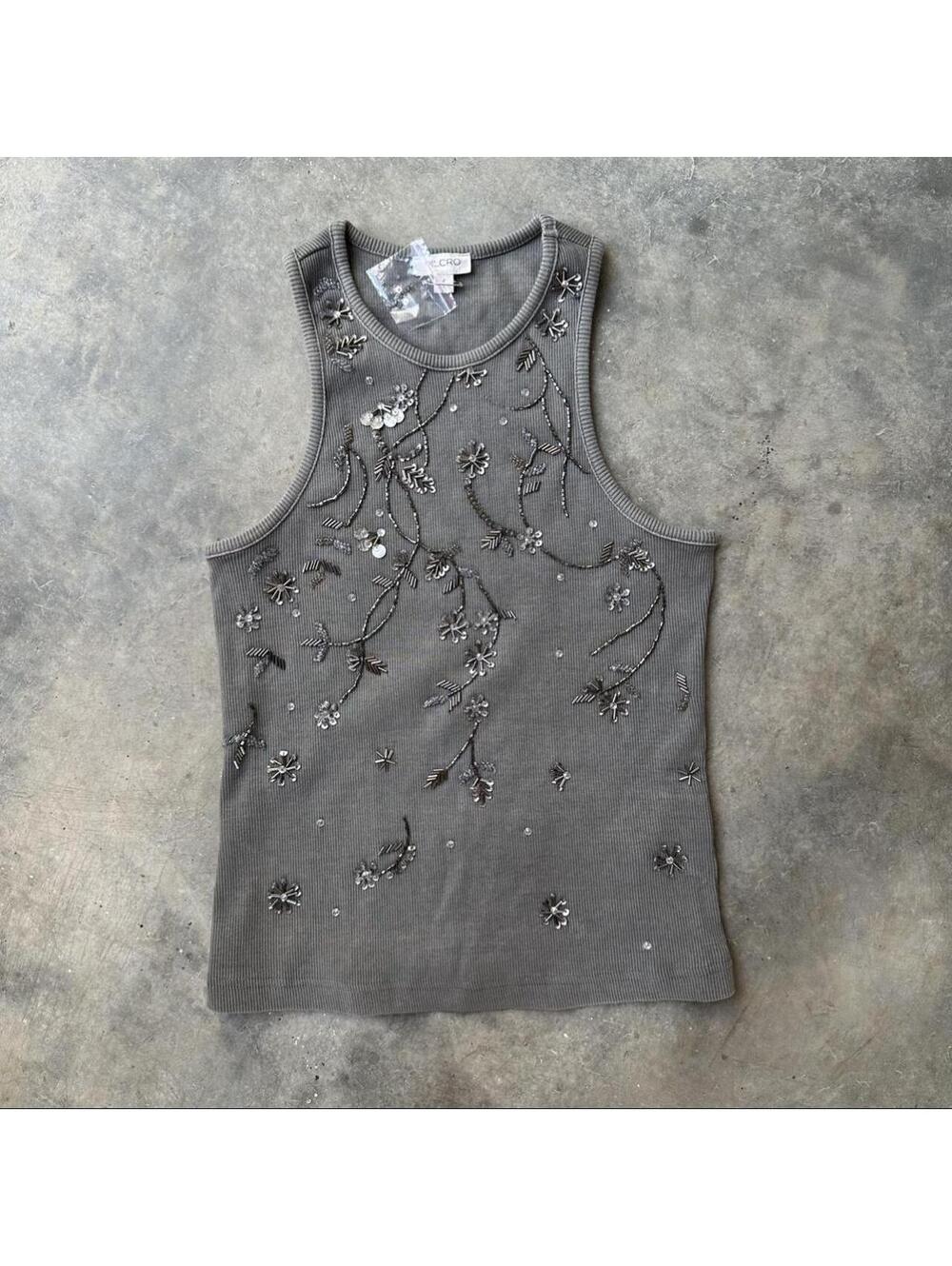 Pilcro gray beaded tank top with silver floral embroidery